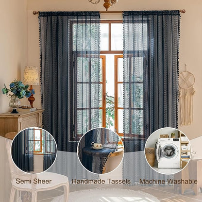 Sutuo Home Navy Blue Boho Sheer Curtains 72 inches Long - Image 7