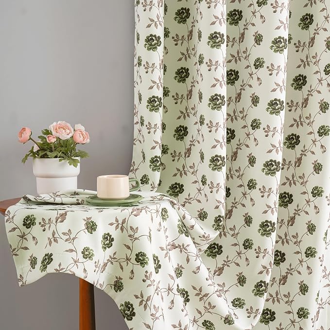 Beauoop Floral 100% Blackout Curtains Bedroom Green Brown 52x72 2 Panels | Rose - Image 5