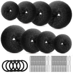 FANDAMEI Hair Bun Maker Set- 8 PCS Hair Donuts for Buns (2 Extra-large,2 Large,2 Medium and 2 Small), 40 PCS Bobby Pins, 5 PCS Hair Elastic Ties Black,Bun Maker - Black