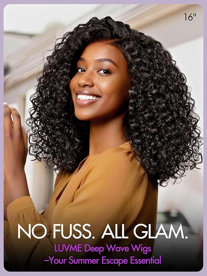 LUVME HAIR Curly Deep Wave Glueless Lace 100% Human Hair Short Wigs 16 Inches Pre Cut Plucked Hd Lace Wig Ready To Go Natural Color Bleached Knots Side Part Black Wigs 16 Inches