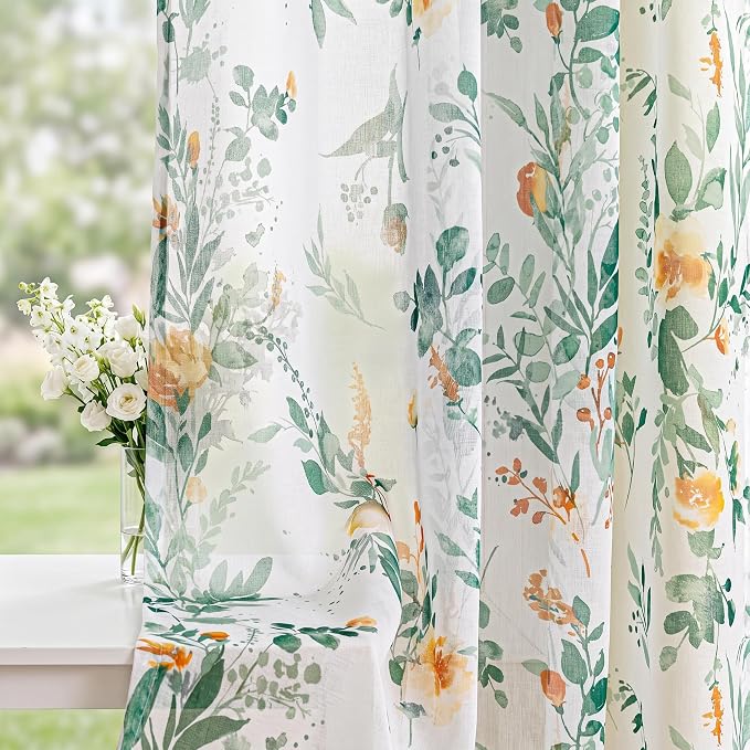 MYSKY HOME Green Floral Sheer Short Kitchen Curtains 54 Inch Long 2 Panels | by MYSKYHOME