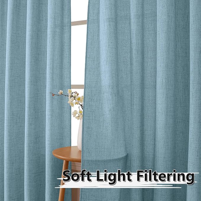 Tollpiz Short Linen Curtain Bedroom Rod Pocket Semi Sheer Curtains Burlap Light - Image 2