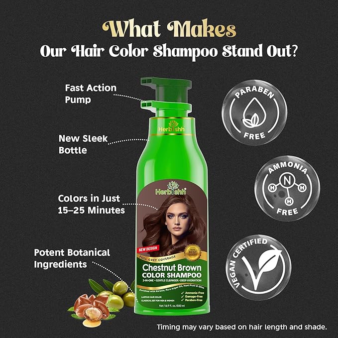 Herbishh Hair Color Shampoo for Gray Hair – Natural Hair Dye Shampoo – Colors Hair in Minutes – Lasts Up To 3-4 Weeks – 500 Ml – 3-In-1 Hair Color – Ammonia-Free | Herbishh (Chestnut Brown)
