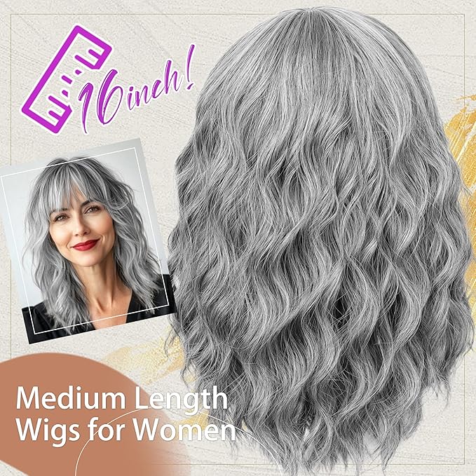 Nnzes Short Wavy Bob Wig with Bangs for Women Shoulder Length Curly Salt-and-Pepper Synthetic Heat-Resistant Fiber Hair for Daily & Party Use