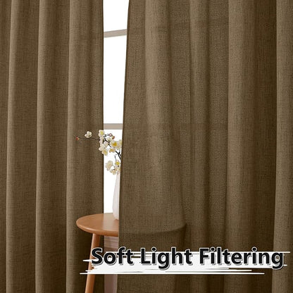 Tollpiz Linen Curtains Living Room Rod Pocket Semi Sheer Curtain Burlap Light - Image 2