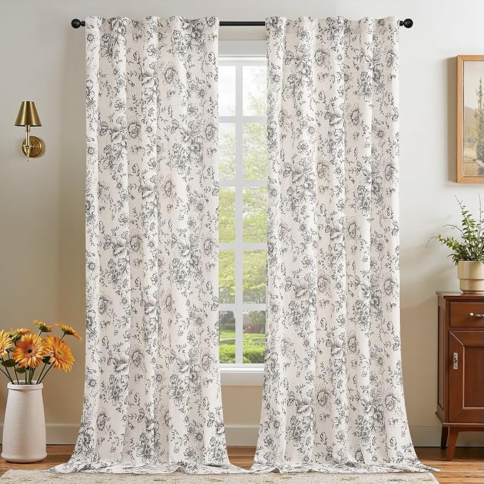 jinchan Black Floral Linen Curtains 120 Inch Farmhouse Back Tab 2 Panels | - Image 7