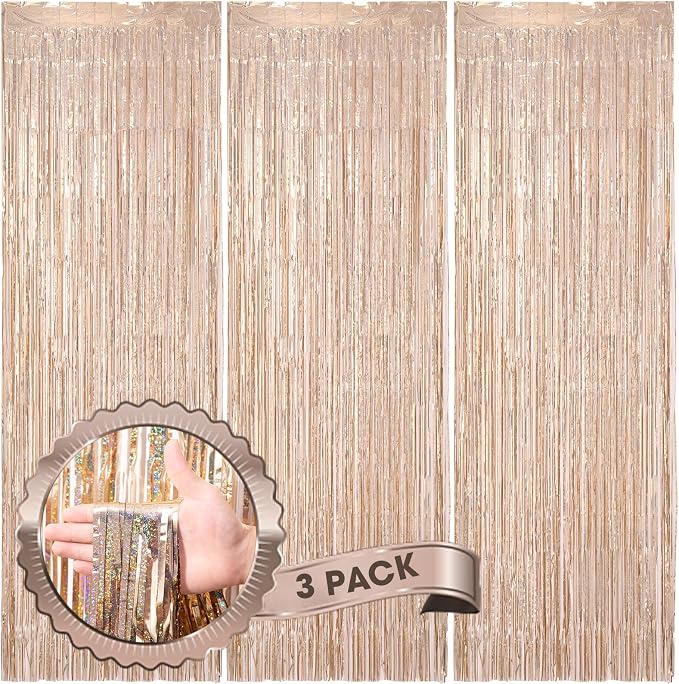 Voircoloria Laser Champagne Foil Backdrop Curtains, 3 Pack | Tinsel Streamers by Voircoloria