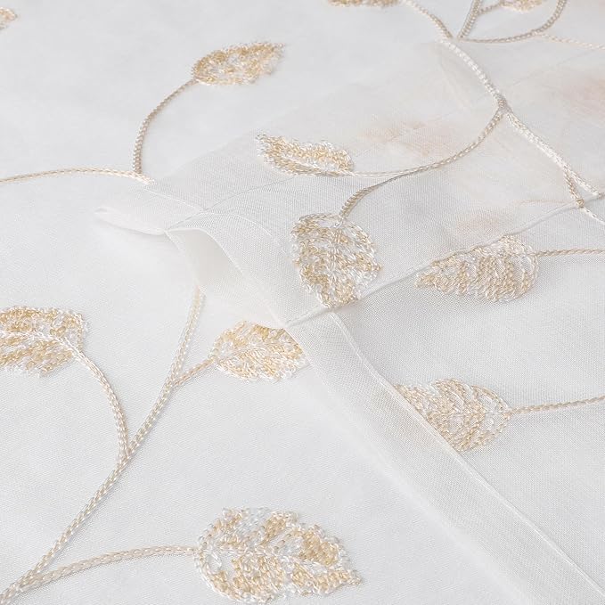 Beige Sheer Curtains Decorative Embroidered Leaf 84 Inches Long | Light - Image 5