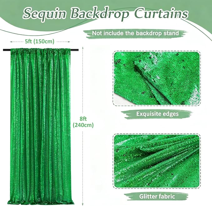Green Sequin Backdrop Curtains-1 Panel 5FTx8FT Green Backdrop - Image 3