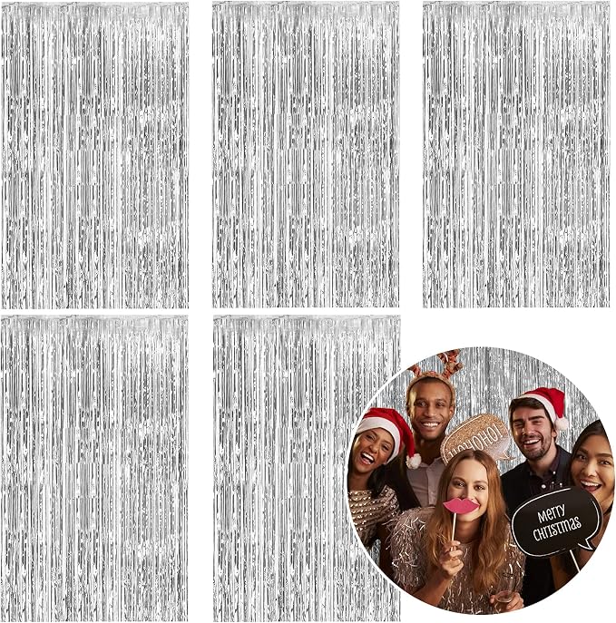 5 Pack Foil Curtain Backdrop Silver Metallic Tinsel Foil Fringe Curtains Photo by KEJ