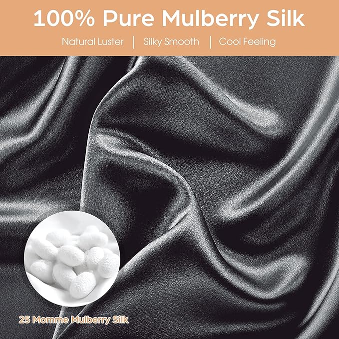 Silk Pillowcase for Hair and Skin, 2 Pack 100% Mulberry Silk Pillowcase 25 Momme, 600 Thread Count, Both Side Pure Silk Pillow Cover with Hidden Zipper (BlackGray, Queen 20''×30'')