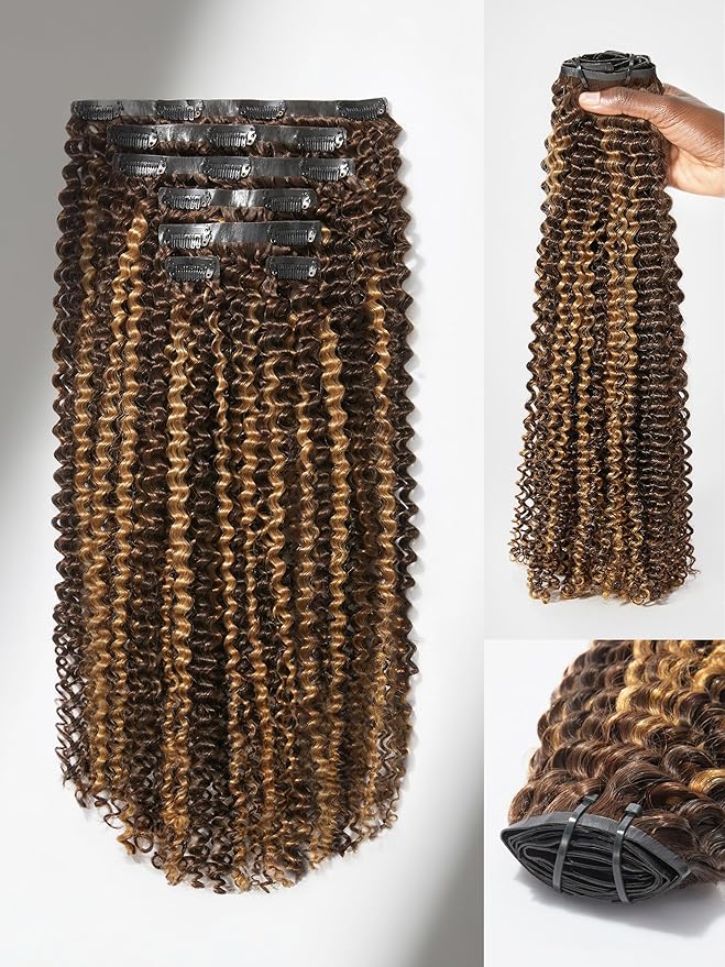 LUVME Seamless Clip in Hair Extensions Human Hair, 16 Inch 135g 9pcs #2/27 Hair Extensions Clip in Human Hair Kinky Curly Remy Hair