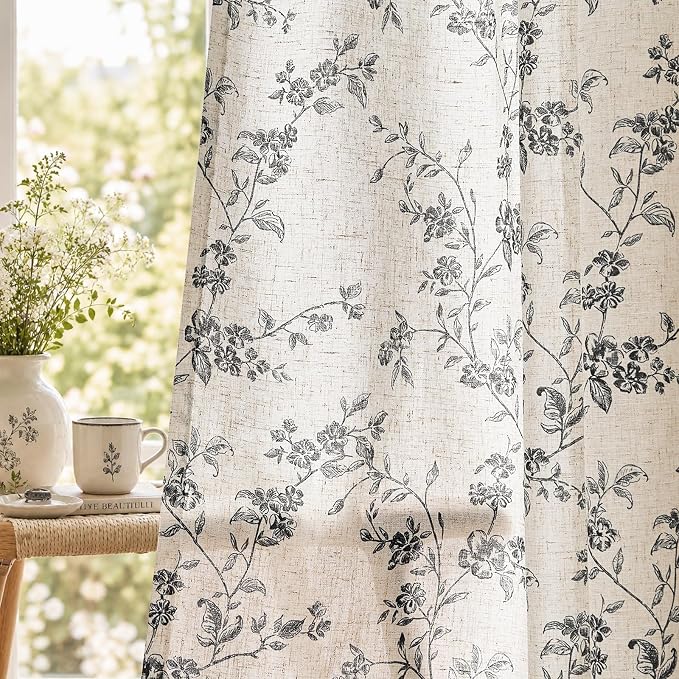 jinchan Black Floral Linen Curtains 63 Inch Rustic Drapes Back Tab 2 Panels | by JINCHAN