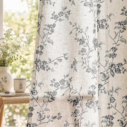 jinchan Black Floral Linen Curtains 63 Inch Rustic Drapes Back Tab 2 Panels | by JINCHAN