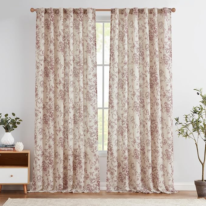 jinchan Red Floral Linen Curtains 108 Inch Farmhouse Back Tab 2 Panels | Light by JINCHAN