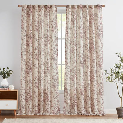jinchan Red Floral Linen Curtains 108 Inch Farmhouse Back Tab 2 Panels | Light by JINCHAN