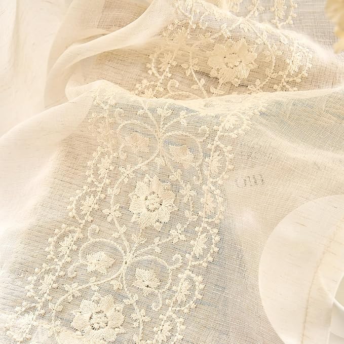 jinchan Floral Sheer Linen Curtains, Back Tab 50x84 Inch, 2 Panels Ivory | Semi - Image 5
