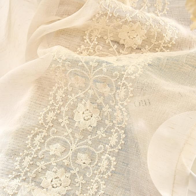 jinchan Floral Sheer Linen Curtains, Back Tab 50x63 Inch, 2 Panels Ivory | Semi - Image 5