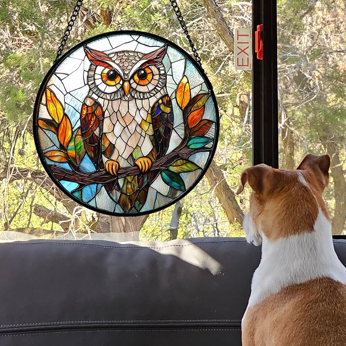 DASTOLL Stained Glass Window Hanging, Owl Colorful Leaves Birds Sun Catchers - Image 4