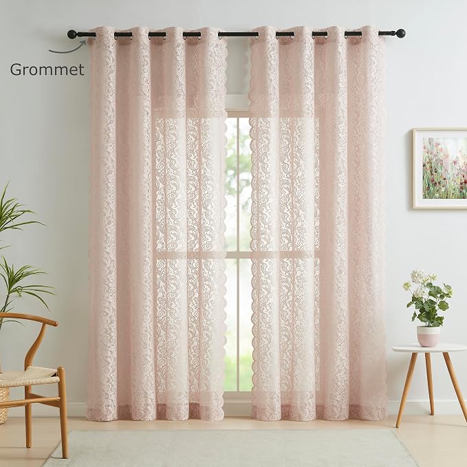 Bujasso Pink Sheer Lace Curtains 63 inch Vintage Floral Sheer Window Curtain - Image 5