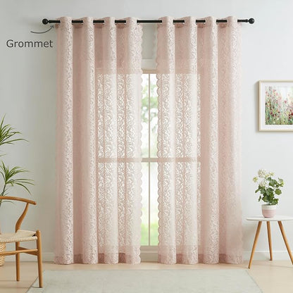 Bujasso Pink Sheer Lace Curtains 63 inch Vintage Floral Sheer Window Curtain - Image 5