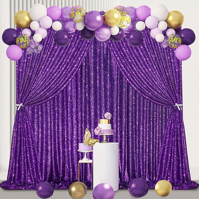 Purple Sequin Backdrop 2 Pcs 5FTx10FT Wedding Glitter Curtain Backdrop Arch - Image 5