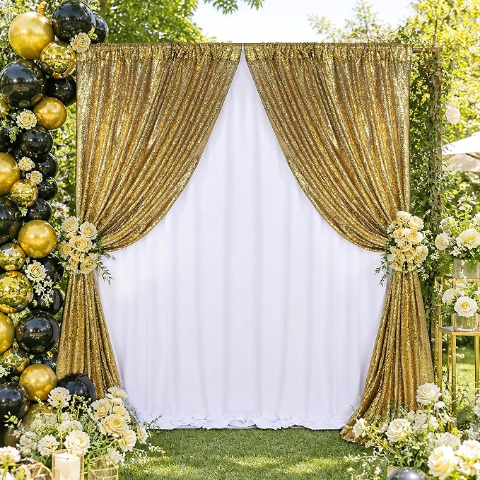 Black Gold Sequin Backdrop Curtains Party Glitter Drapes 2 Pcs 2FTx8FT | - Image 3