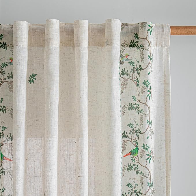 MYSKY HOME Boho Curtains for Living Room Linen Blend Leaf Bird Printed Curtains - Image 7