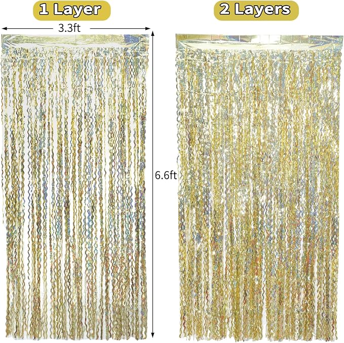 4 Pack Wavy Sparkle Champagne Gold Metallic Tinsel Foil Fringe Curtains Photo - Image 5
