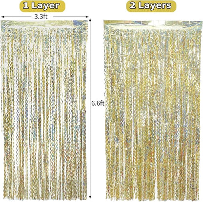 4 Pack Wavy Sparkle Champagne Gold Metallic Tinsel Foil Fringe Curtains Photo - Image 5