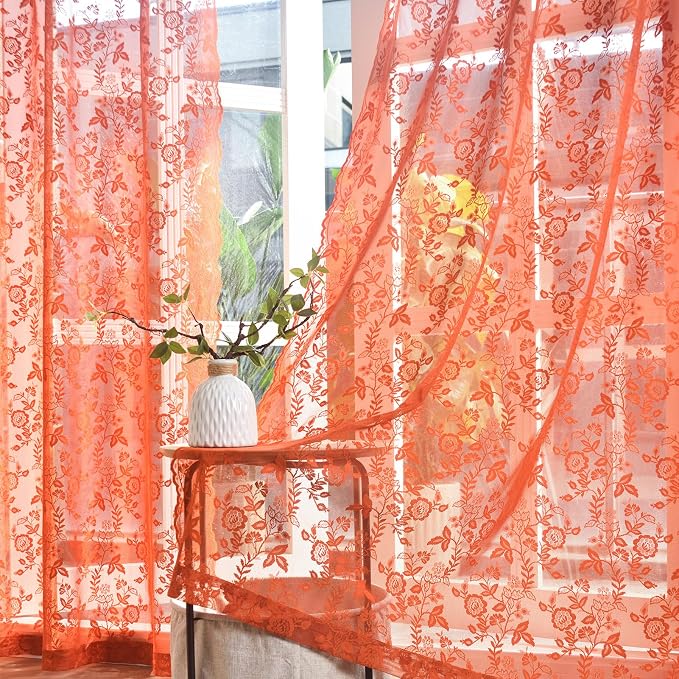 FINECITY Burnt Orange Floral Lace Curtains by FINECITY
