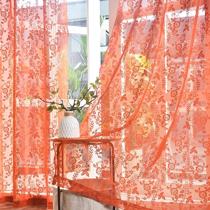 FINECITY Burnt Orange Floral Lace Curtains by FINECITY