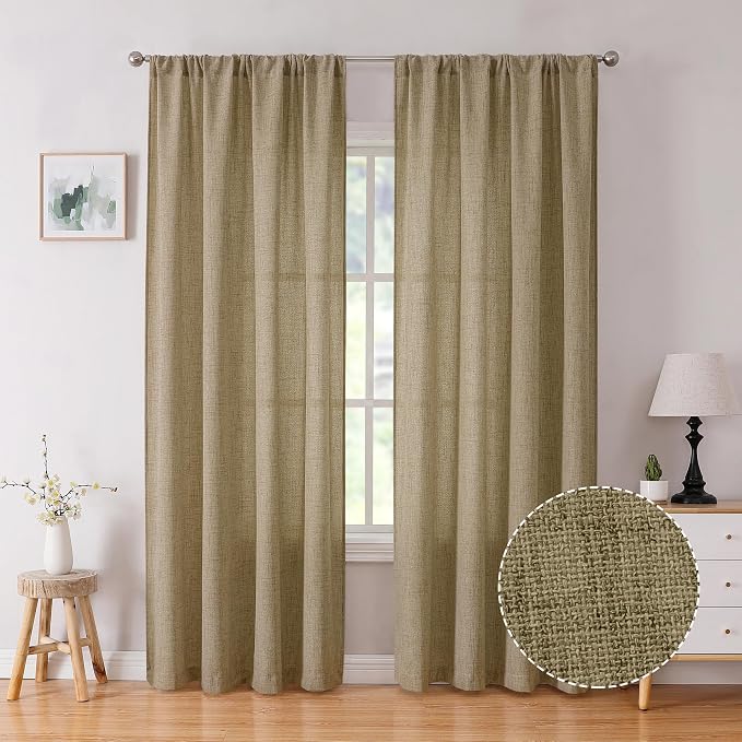 Tollpiz Linen Curtains Living Room Rod Pocket Semi Sheer Curtain Burlap Light by Tollpiz