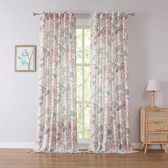Kayne Studio Navy Red Floral Botanical Rod Pocket Light Filtering Curtains | by KayneStudio