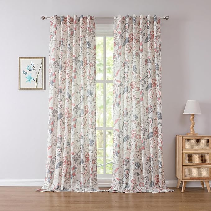Kayne Studio Navy Red Floral Botanical Rod Pocket Light Filtering Curtains | by KayneStudio