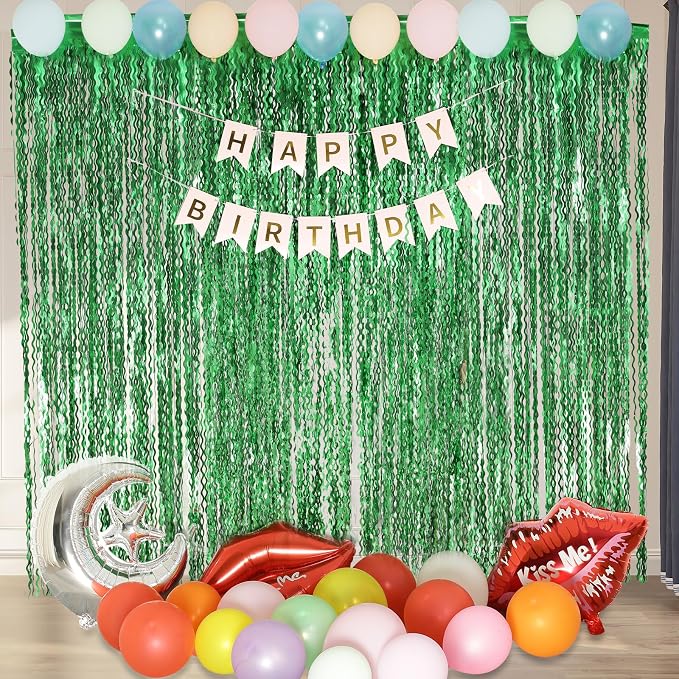 4Pcs Wavy Green Fringe Backdrop -3.3x6.6ft Green Streamer Foil Curtains - Image 4