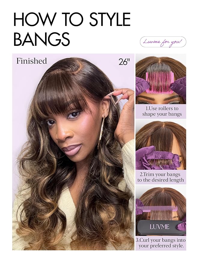 LUVME HAIR 7x6 HD Lace All-Day Comfort Wig with Bangs 200% Density Hair Lace Wigs Ombre Blonde Highlight Loose Body Wave Lace Front Wigs Human Hair Pre Cut Plucked Glueless 28 Inches