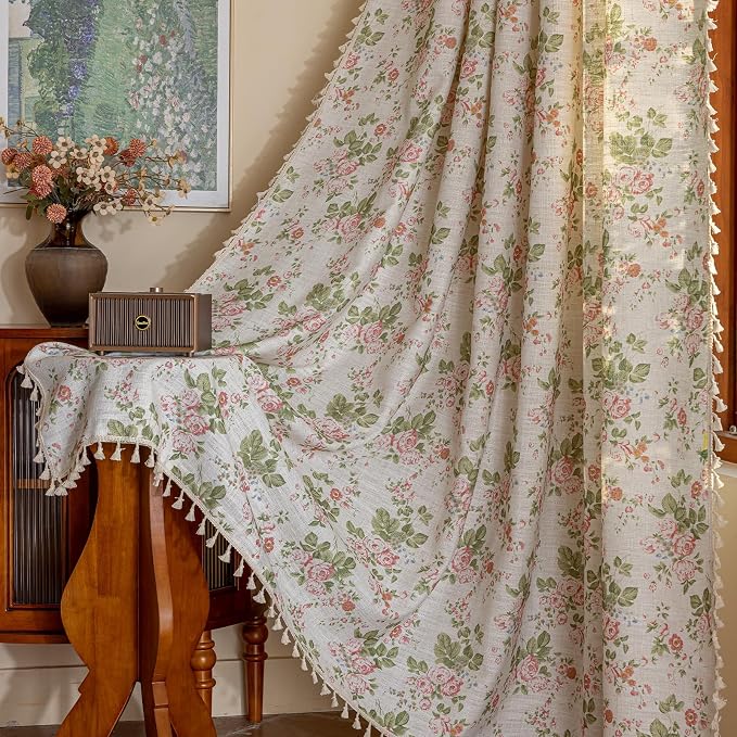 ENJOYBRIDAL Pink Floral Curtains 84 Inches Long Bedroom Semi Sheer Drapes Floor - Image 2