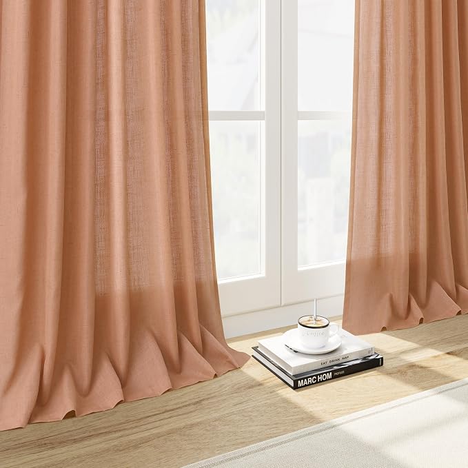 Peach Quartz Curtains 84 Inch Long 2 Panels Set Back Tab Rod Pocket Linen Blend - Image 6