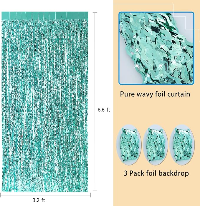 3 Pack Teal Aqua Blue Wave Foil Curtains - Image 3