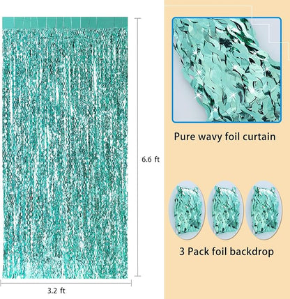 3 Pack Teal Aqua Blue Wave Foil Curtains - Image 3