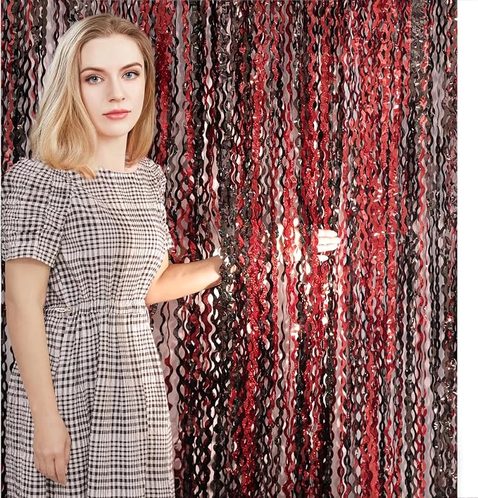 4 Pack 3.3x6.6 ft Red and Black Foil Fringe Backdrop Curtains - Image 3