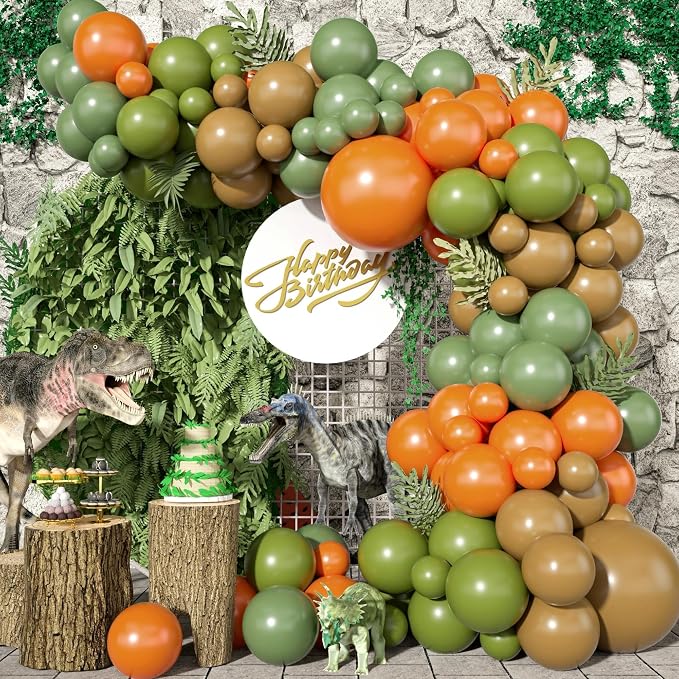 113 PCS Dinosaur Balloons Garland Arch Kit, Sage Green Orange Brown Balloons by Govpy