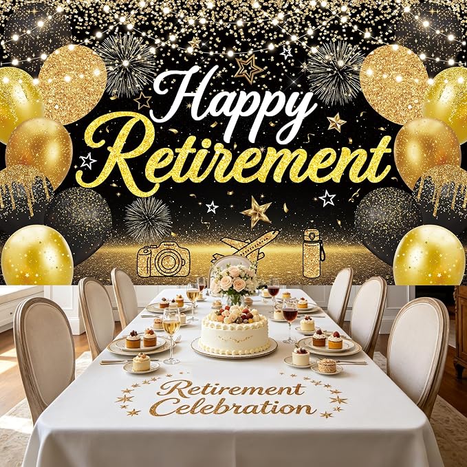 Large Black Gold Happy Retirement Decorations Banner - Image 4
