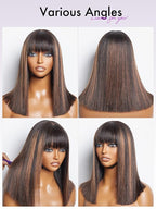 LUVME HAIR 14 Inch Yaki Straight Bob Wig with Bangs Human Hair Glueless HD Lace Bob Wig with Brown Highlights, Ready to Go Short Wigs For Women 180 Density Breathable Cap