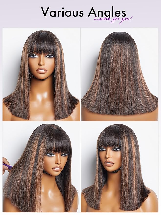 LUVME HAIR 14 Inch Yaki Straight Bob Wig with Bangs Human Hair Glueless HD Lace Bob Wig with Brown Highlights, Ready to Go Short Wigs For Women 180 Density Breathable Cap