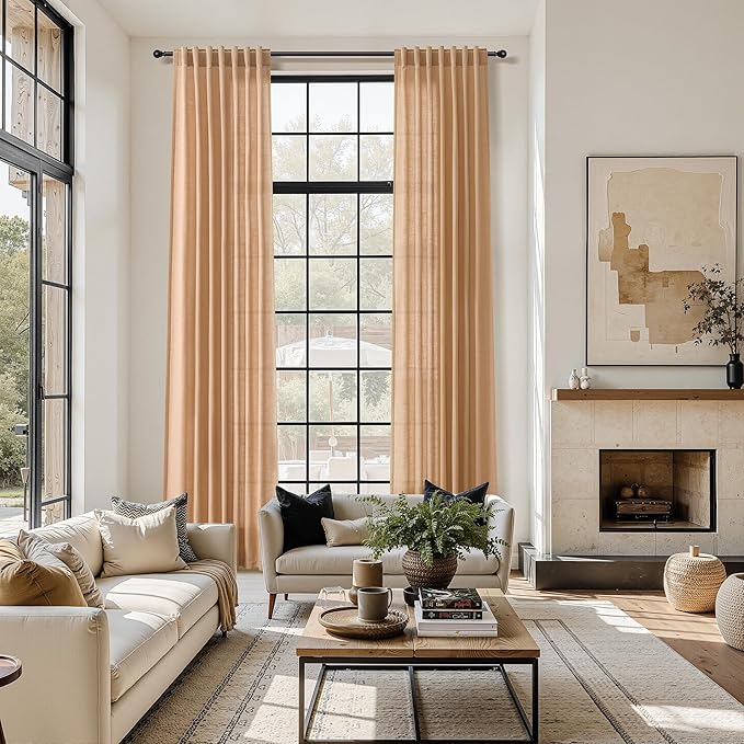 Camel Linen Curtains for Living Room Extra Long 126 Inches Long Back Tab Light by Nanspring