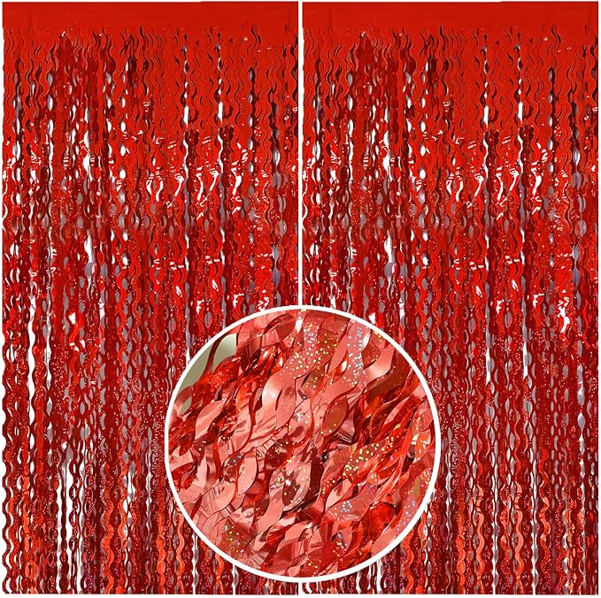 BOMSI Red Tinsel Foil Fringe Curtains Wavy Backdrop by BOMSI