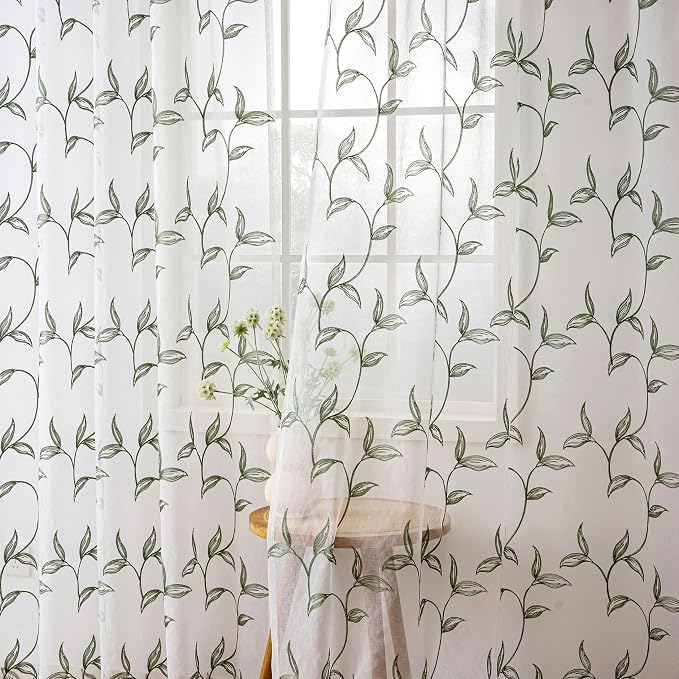 Sheer Curtains Boho Leaf Floral Embroidered Green 54Wx96L | Light Filtering - Image 3