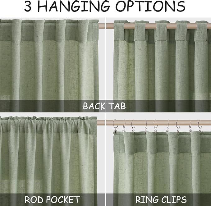 Light Sage Linen Curtains 90 Inch Long 2 Panels Set - Image 2